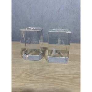 3D Crystal Glass Laser Etched VTG Holographic Paperweight Cube, Birds/ Angel